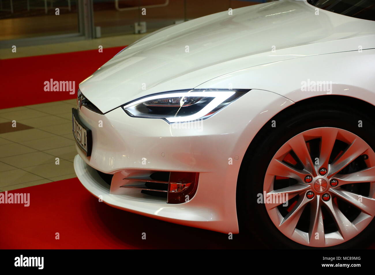 Warsaw Nadarzyn, Poland. 13th Apr, 2018. Warsaw expo center PTAK presents electroincs show. Main show partner Media Markt hosts several exhibitors as LG, Samsung, Tesla, Grundig and Beko. Credit: Jakob Ratz/Pacific Press/Alamy Live News Stock Photo