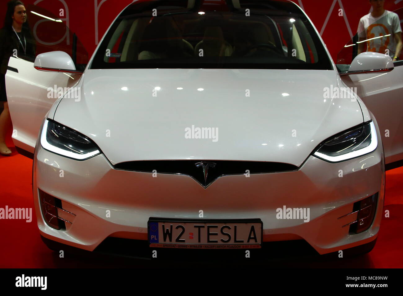 Warsaw Nadarzyn, Poland. 13th Apr, 2018. Warsaw expo center PTAK presents electroincs show. Main show partner Media Markt hosts several exhibitors as LG, Samsung, Tesla, Grundig and Beko. Credit: Jakob Ratz/Pacific Press/Alamy Live News Stock Photo