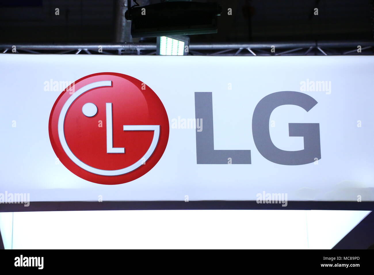 Warsaw Nadarzyn, Poland. 13th Apr, 2018. Warsaw expo center PTAK presents electroincs show. Main show partner Media Markt hosts several exhibitors as LG, Samsung, Tesla, Grundig and Beko. Credit: Jakob Ratz/Pacific Press/Alamy Live News Stock Photo