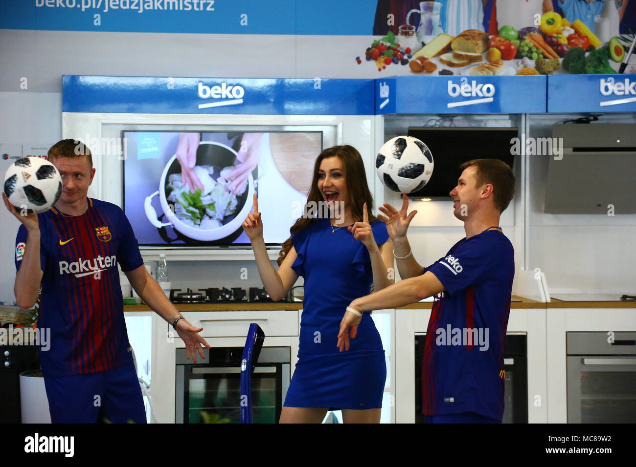 Warsaw Nadarzyn, Poland. 13th Apr, 2018. Warsaw expo center PTAK presents electroincs show. Main show partner Media Markt hosts several exhibitors as LG, Samsung, Tesla, Grundig and Beko. Credit: Jakob Ratz/Pacific Press/Alamy Live News Stock Photo