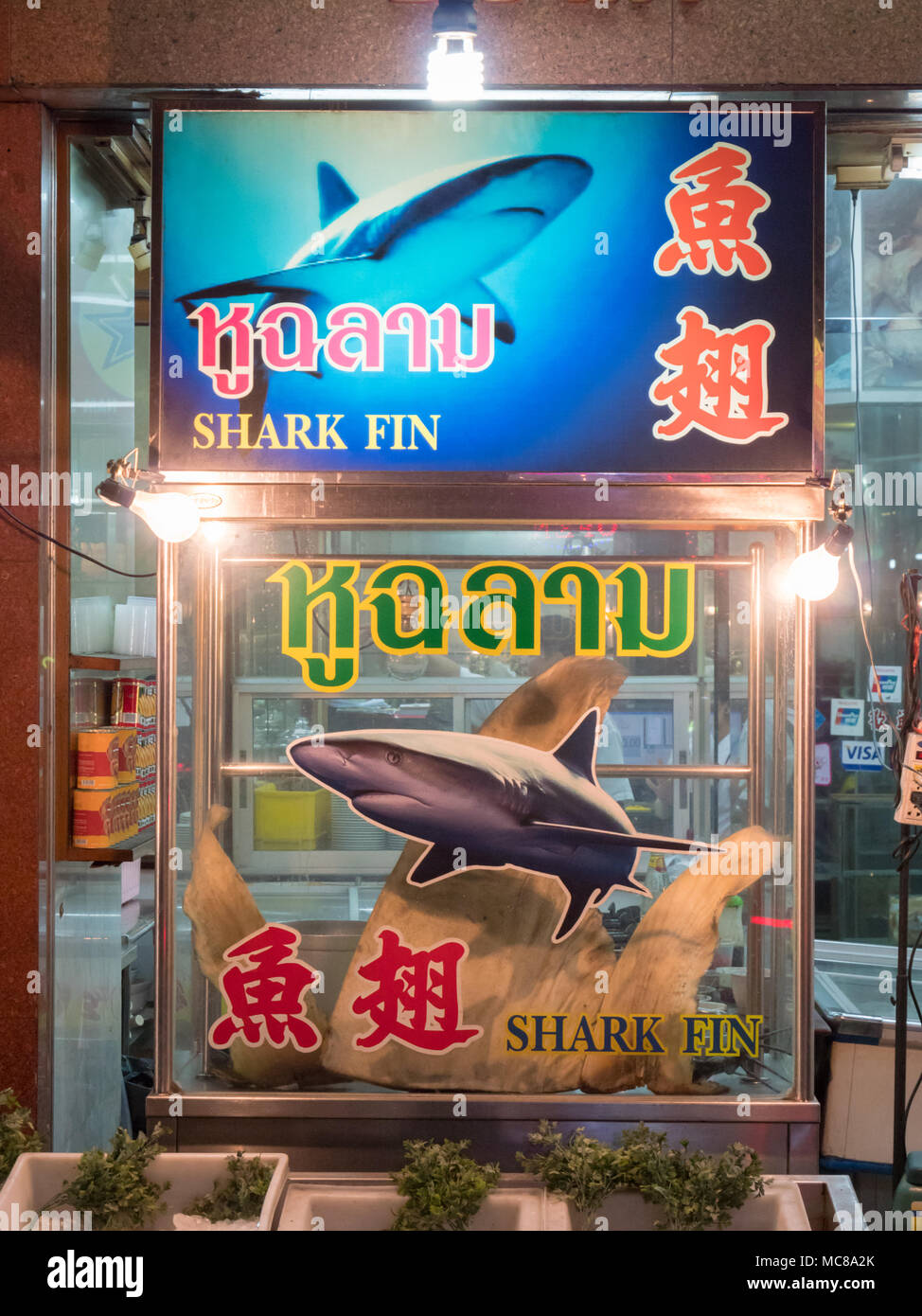 Adverts and signs in a Bangkok restauarant window for shark fin soup ...