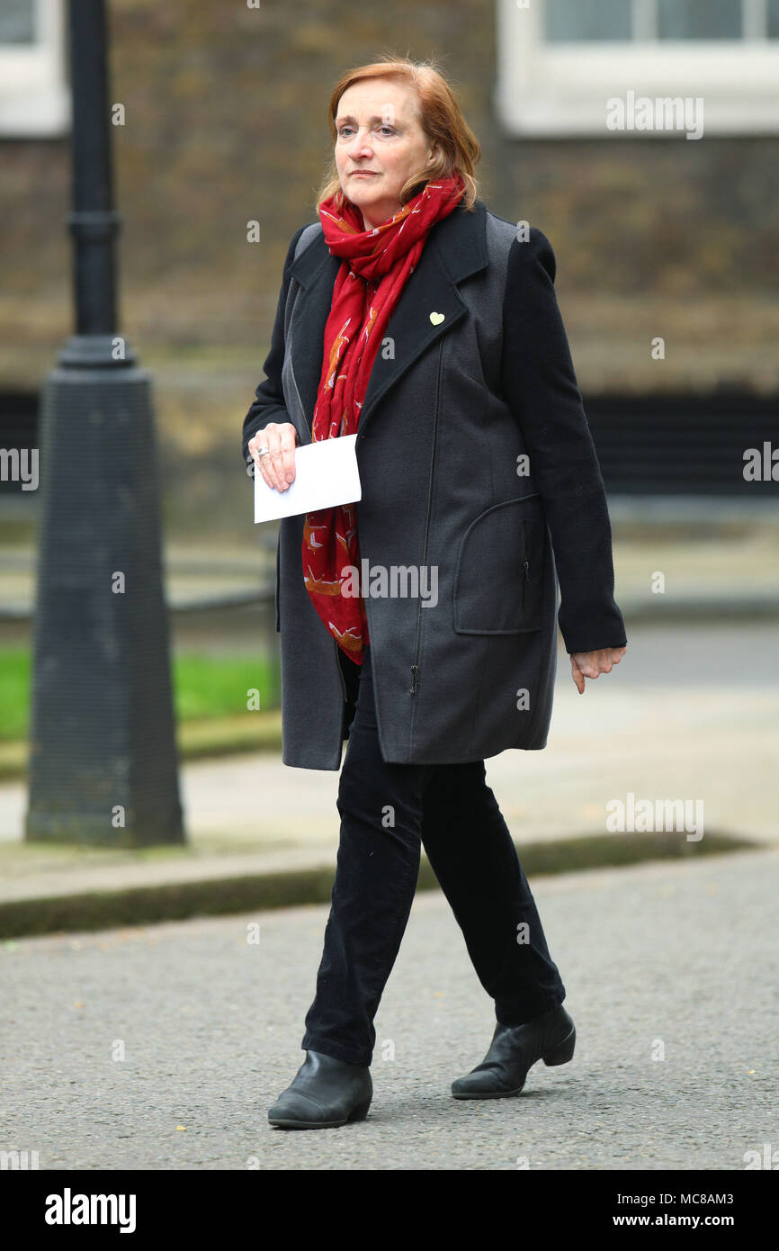 Emma Dent Coad, MP for Kensington, delivering a letter on behalf of Stop the War Coalition - signed by MPs, trade unionists, celebrities and academics to Downing Street urging Theresa May to not take military action in Syria - at 10 Downing Street in London. Stock Photo