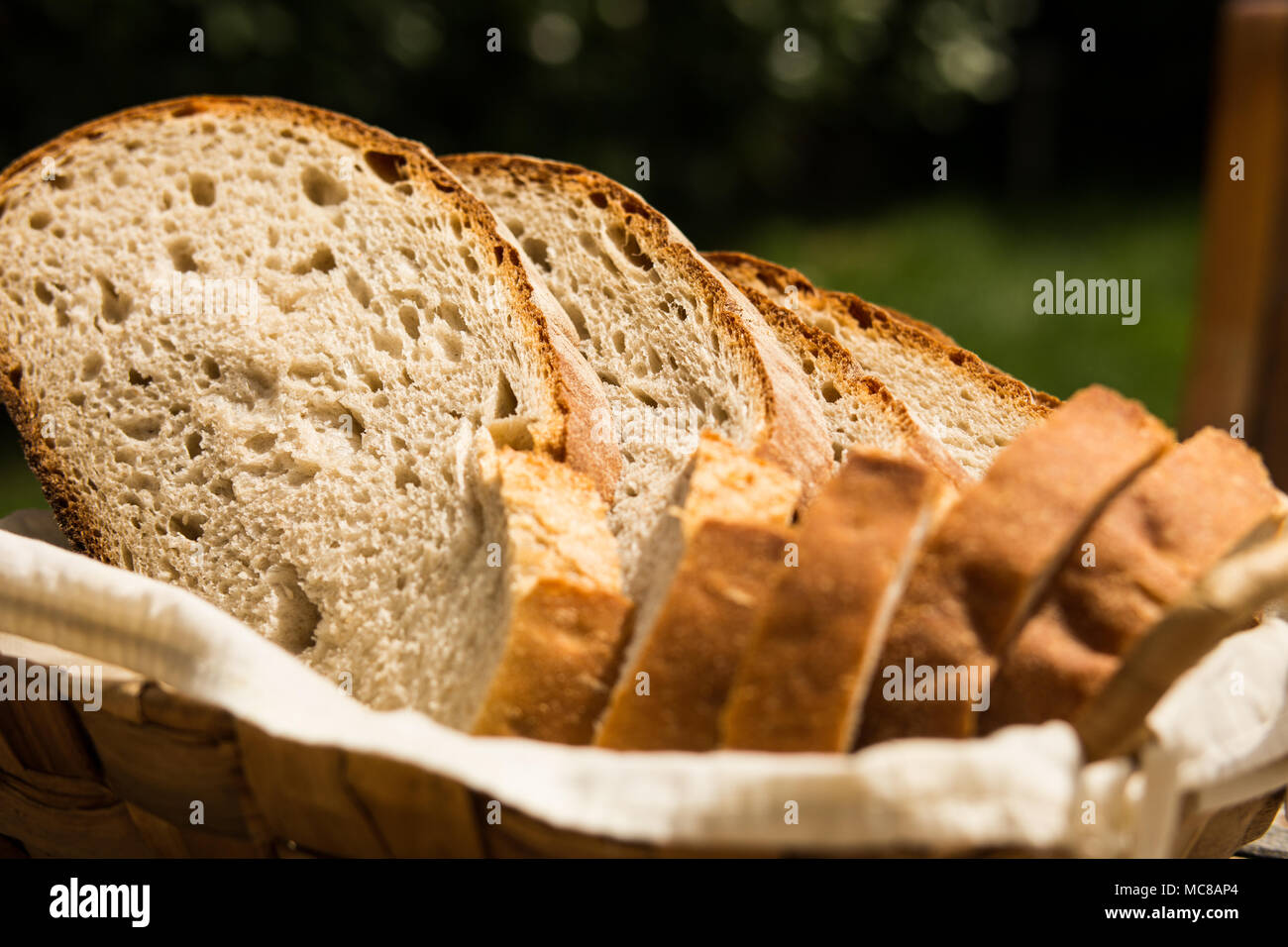 Homemade Freshly Baked Bread Slices In Wicker Bowl Stock Photo