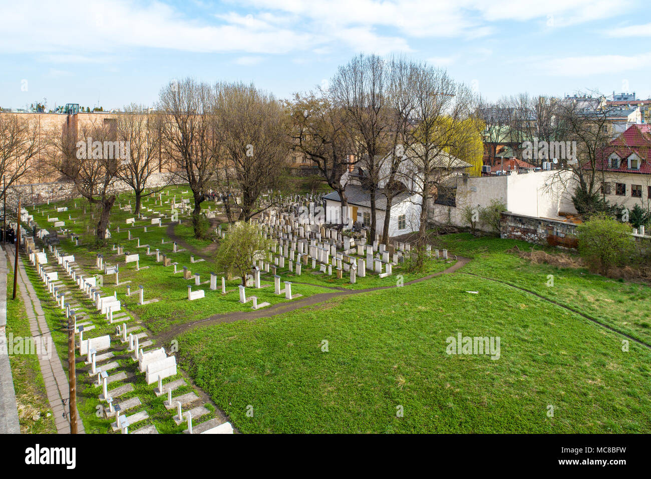 Old Jewish Remuh Cemetery and active Remah Synagogue in Kazimierz (Kuzmir), historic Jewish district in Krakow, Poland. Aerial view Stock Photo