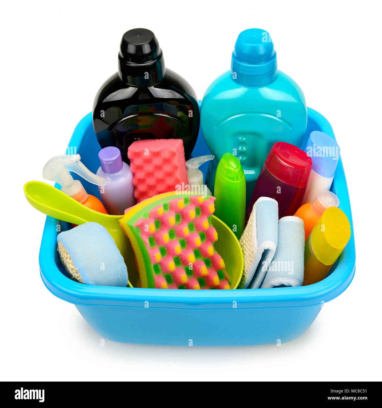 blue washing up dish with cleaning tools and detergents as degreaser and a  brush with wipes Stock Photo - Alamy