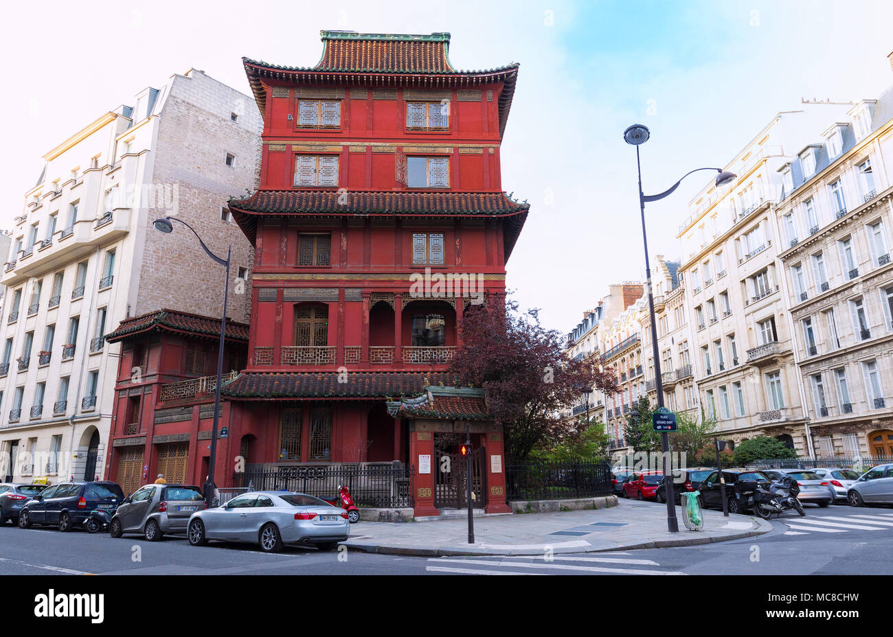 Red Chinese pagoda in Paris in the eight district, France. Stock Photo