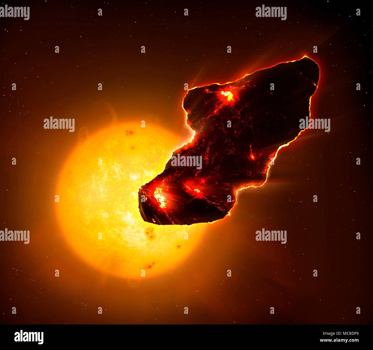 Illustration of an asteroid approaching the Sun, and heating up as a result. Stock Photo