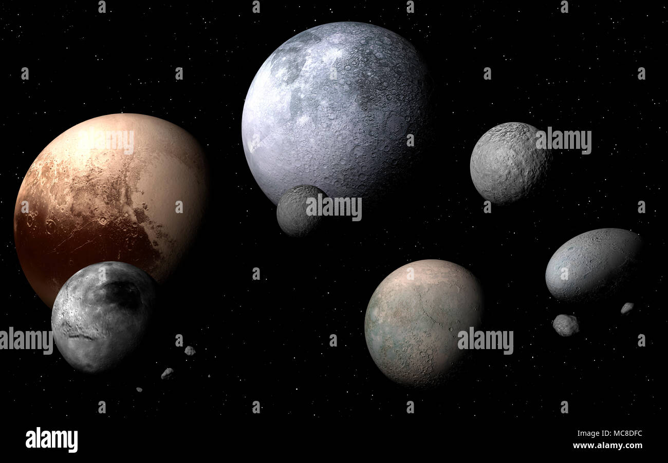 Dwarf planets and moons, illustration. A dwarf planet is a planetary mass object orbiting the Sun that is not a true planet. They are massive enough for their self-gravities to crush them into spheres, but they have not cleared the neighborhood of other material around their orbits. Ceres, for example, shares its orbit with other asteroids. All the other dwarf planets so far known are found beyond Neptune, in a region of the Solar System full of debris called the Kuiper belt. Stock Photo