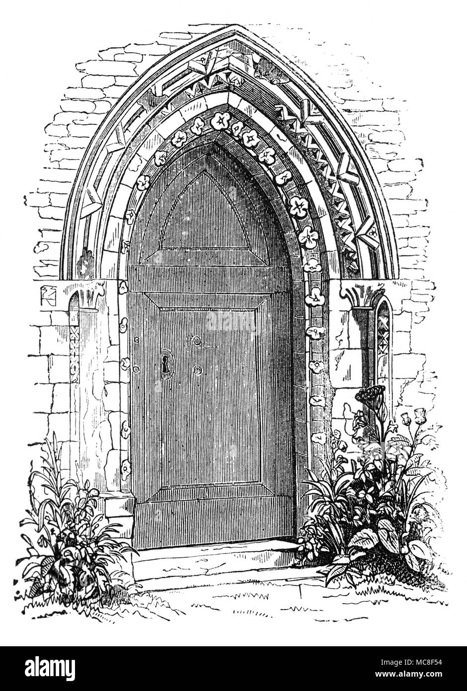 The Romanesque styled doorway of 13th-century parish church, dedicated to St Mary the Virgin at Stone, was known as the 'Lantern of Kent' for its beacon light known to all sailors on the river,  is renowned for its Gothic sculpture made by the masons who built Westminster Abbey. An impressive example of Early English church architecture it's likely that it was funded by pilgrims passing along Watling Street, following the murder of Thomas à Becket at Canterbury in 1170. Stock Photo