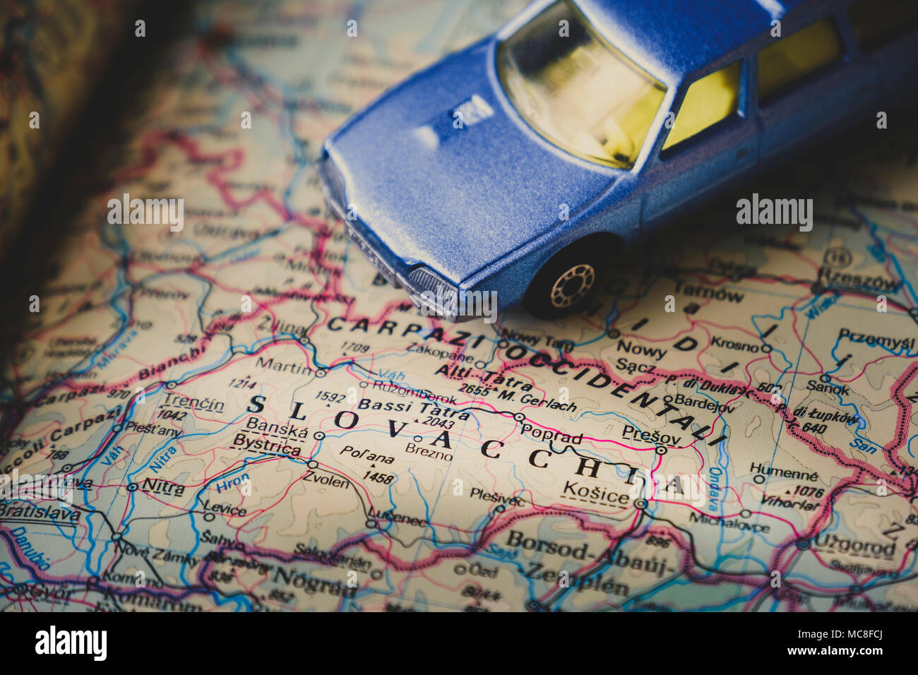 Slovakia map blue toy car background travel concept Stock Photo