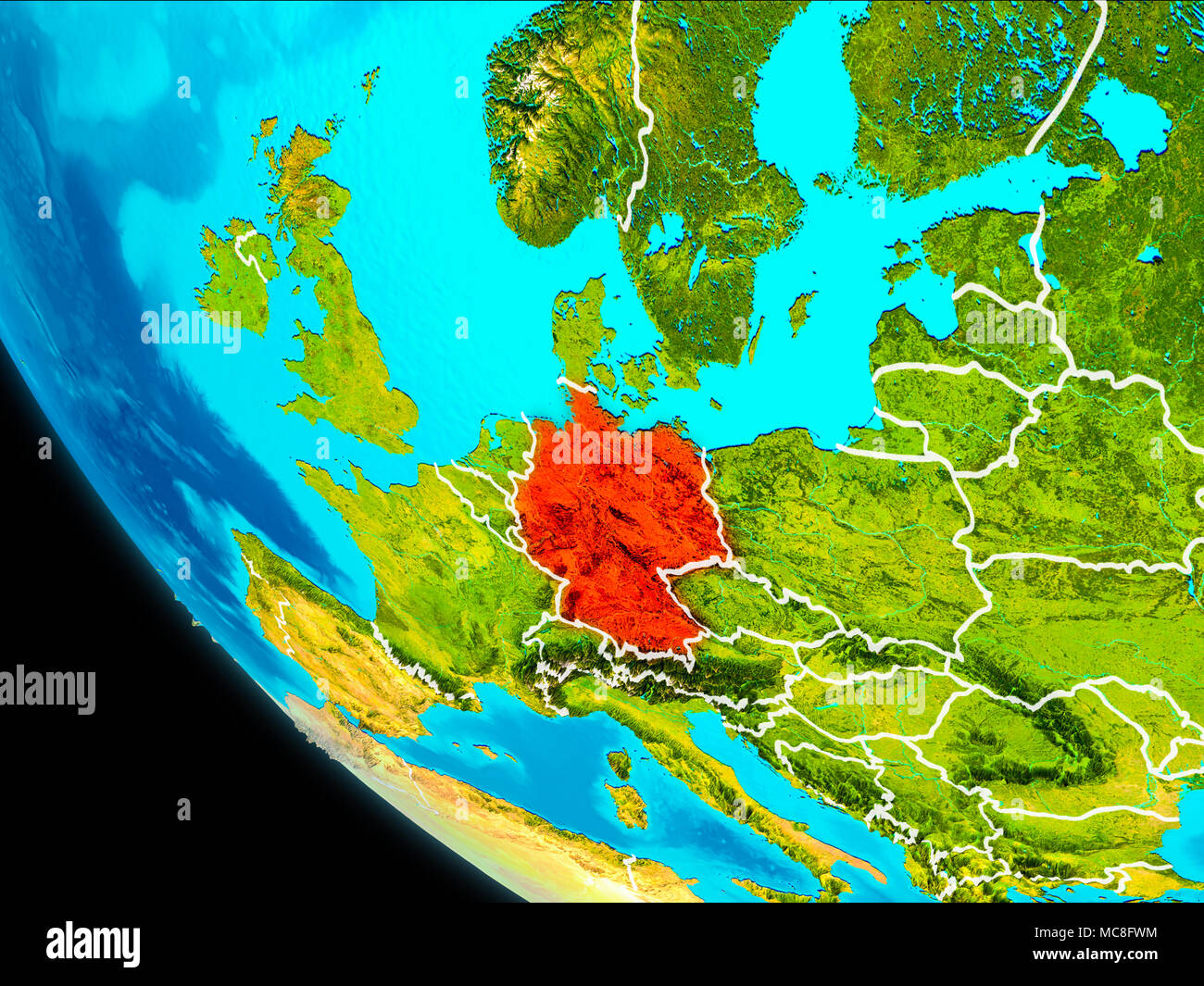 Germany highlighted in red on planet Earth with visible borders. 3D illustration. Elements of this image furnished by NASA. Stock Photo