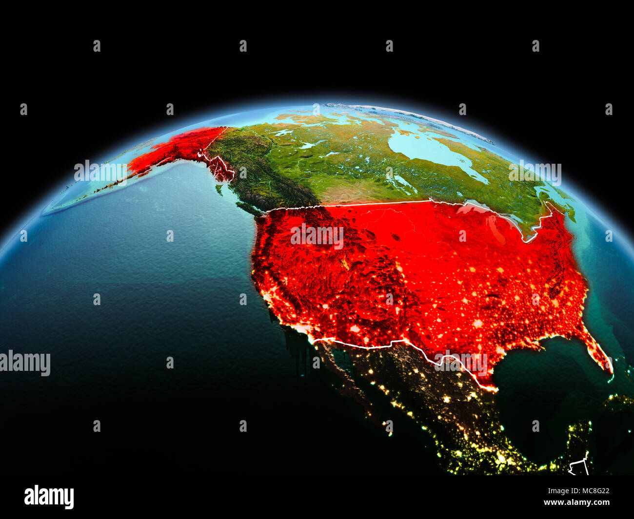 Morning above USA highlighted in red on model of planet Earth in space ...