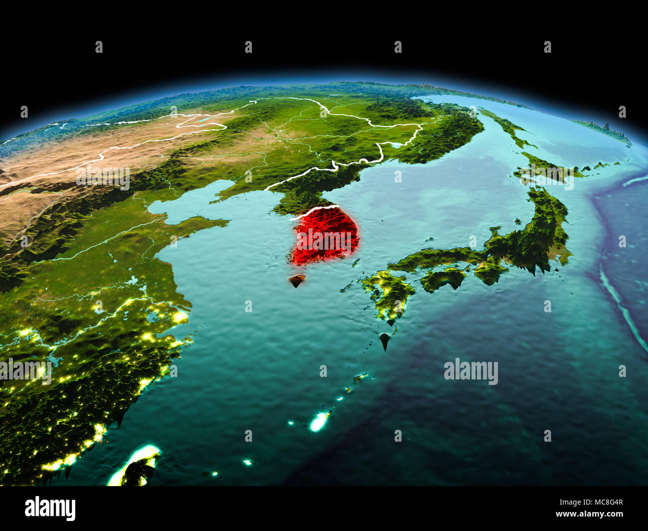 Morning above South Korea highlighted in red on model of planet Earth ...