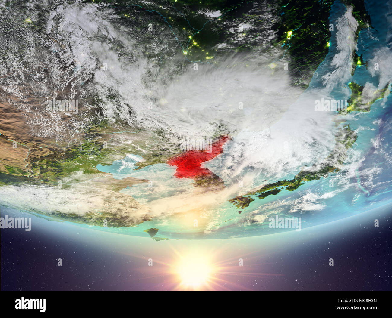 North Korea during sunrise highlighted in red on planet Earth with ...