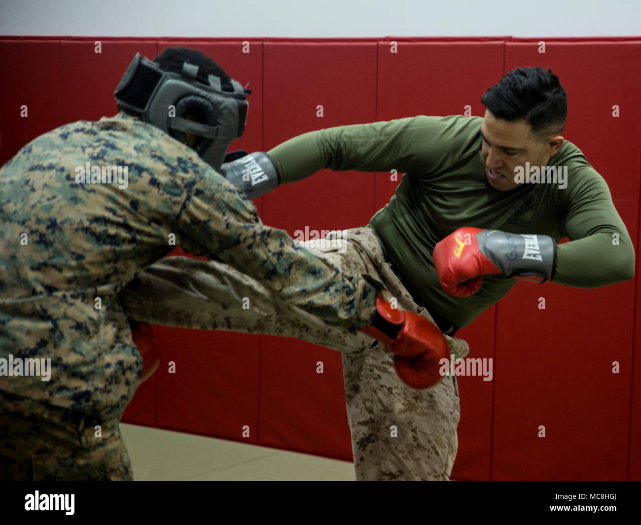 Lance Cpl. Vincent A. Morton spars with martial arts instructor, Sgt. Skylar Voegele, during a black belt course on Camp Foster, Okinawa, Japan, March 23, 2018. Marine Corps Martial Arts Program is an integrated, weapon-based system that incorporates the full spectrum of the force continuum on the battlefield, and contributes to the mental, character and physical development of Marines. Voegele is a martial arts instructor with 1st Marine Aircraft Wing. Morton is a tax clerk with Headquarters and Support Battalion, Marine Corps Installations Pacific. Stock Photo