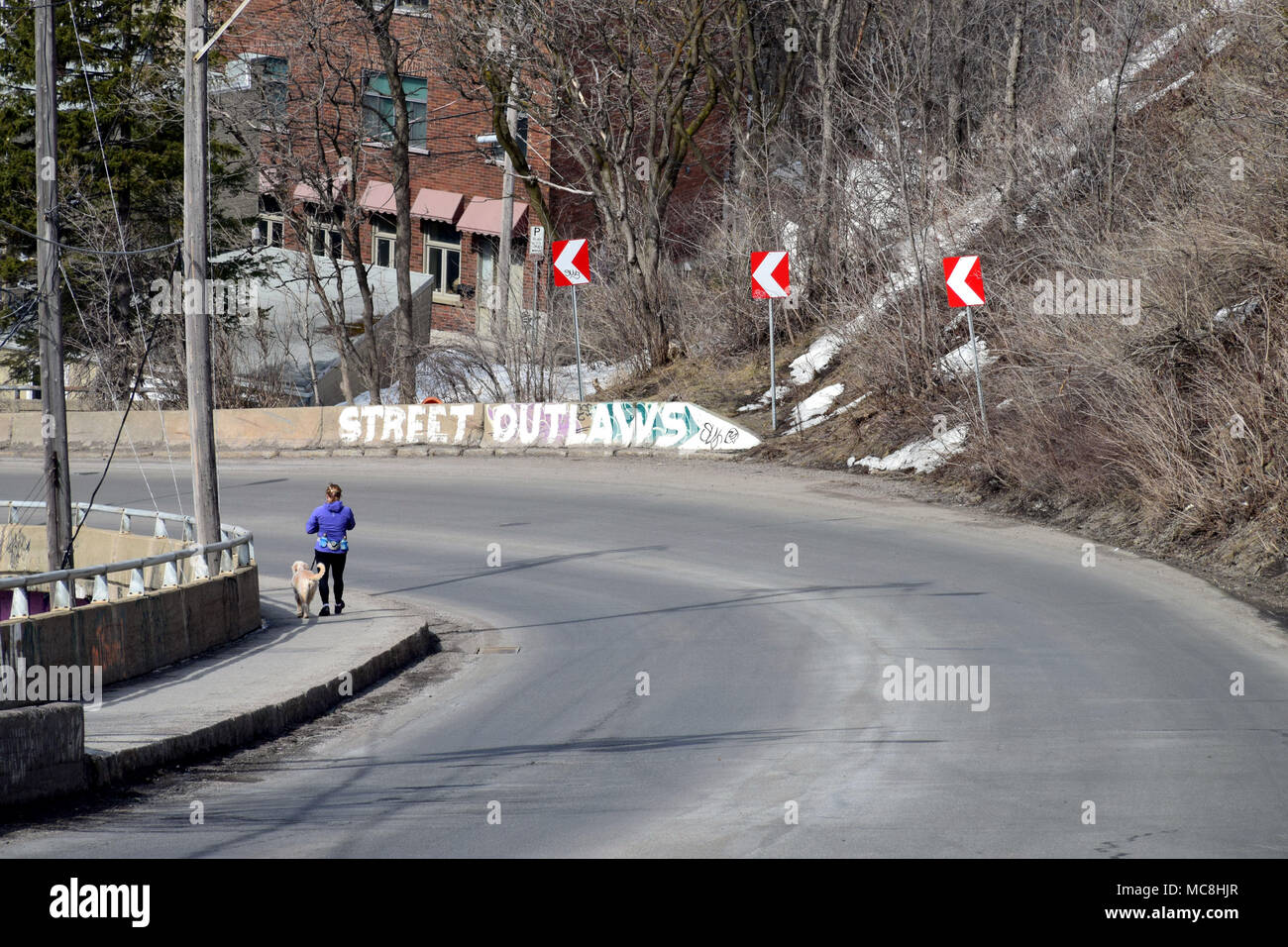 A women walking her dog in Old Quebec City on a sunny Spring afternoon Stock Photo