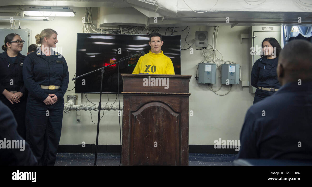 5TH FLEET AREA OF OPERATIONS (March 28, 2018) Capt. Darrell Canady, executive officer of the Wasp-class amphibious assault ship USS Iwo Jima, gives a speech during a Women's History Month celebration on the ship's mess decks, March 28, 2018. Iwo Jima, homeported in Mayport, Florida, is on a regularly scheduled deployment to the U.S. 5th Fleet area of operations in support of maritime security operations to reassure allies and partners, and preserve the freedom of navigation and the free flow of commerce in the region. Stock Photo