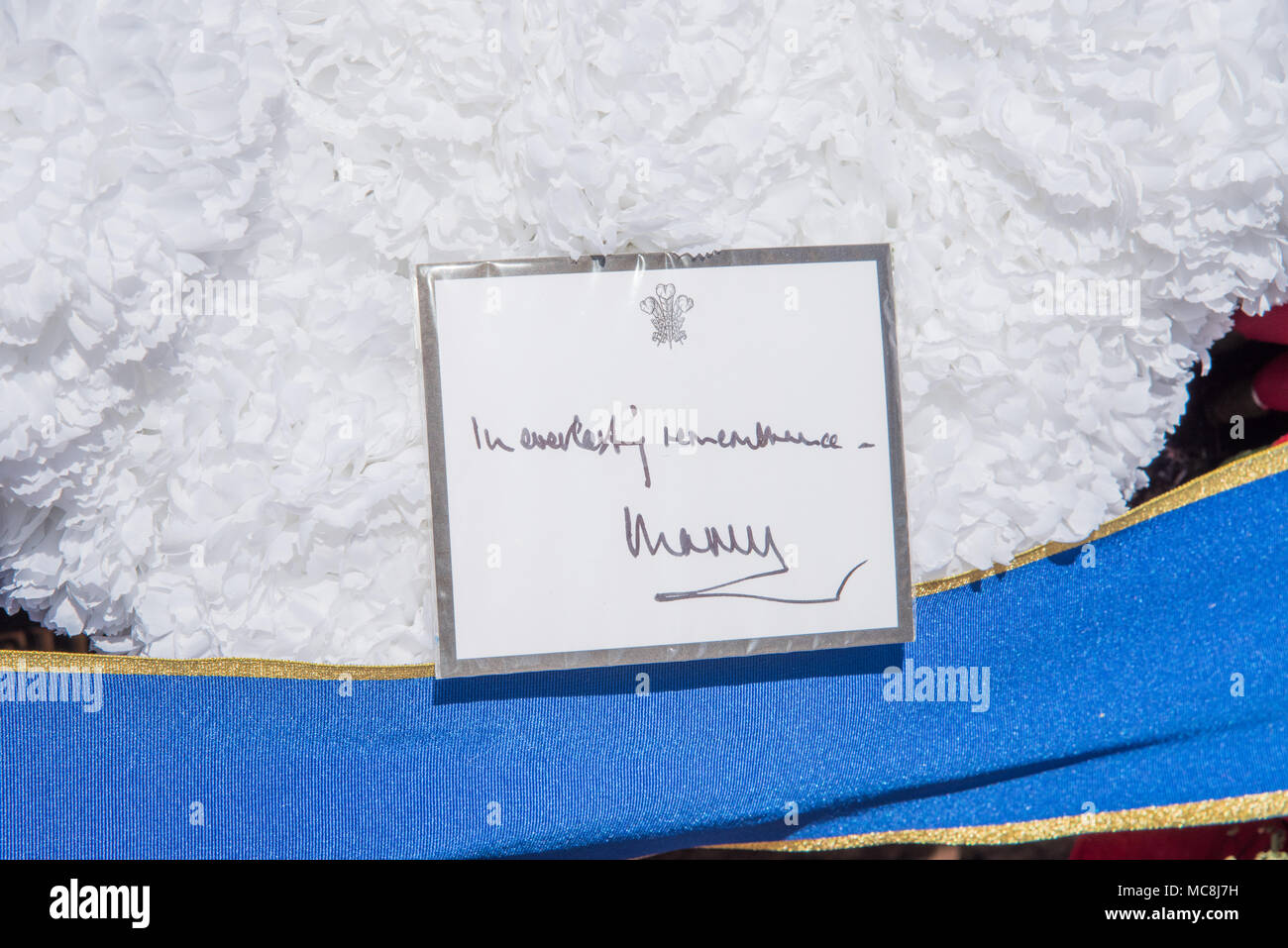 Darwin,NT,Australia-April 10,2018: Closeup of royal signed note on wreath laid by Prince Charles at the Cenotaph War Memorial in Darwin, Australia Stock Photo
