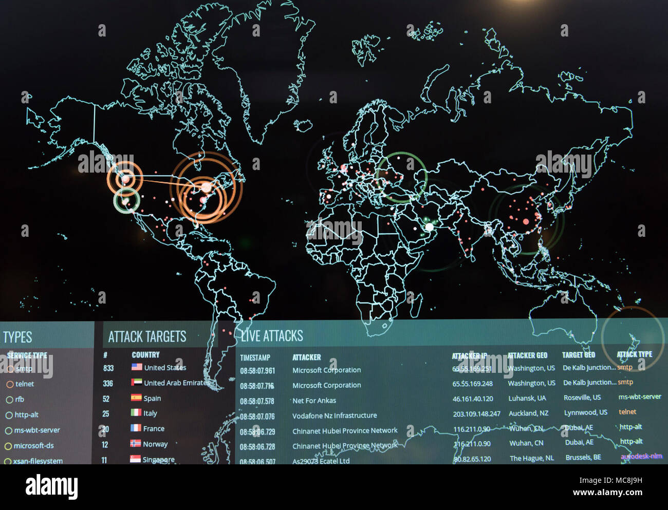Real-time cyber attacks, including information on the attack's origin, type and target, as well as, the attacker's IP address, geographic location and ports being utilized, are displayed on the Norse attack map on the 275th Cyberspace Squadron's operations floor, known as the Hunter's Den. The squadron is one of four squadrons compromising the 175th Cyberspace Operations Group of the Maryland Air National Guard at Warfield Air National Guard Base, Middle River, Md., Dec. 2, 2017. Stock Photo