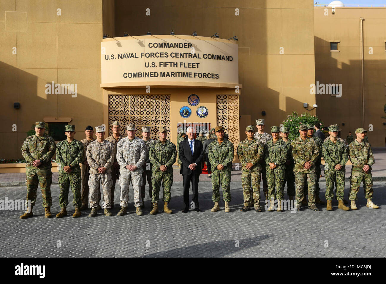 ***NEED VIRIN*** U.S. 5TH FLEET AREA OF OPERATIONS (March 15, 2018) Naval Amphibious Force, Task Force 51/5th Marine Expeditionary Brigade Sailors and Marines, along with U.S. Army and Coast Guard service members, meet with U.S. Secretary of Defense James Mattis before attending a town hall meeting at Naval Support Activity Bahrain. During the meeting, the Secretary of Defense spoke about the current defense posture in the U.S. Central Command area of responsibility and accepted questions from staff. Stock Photo