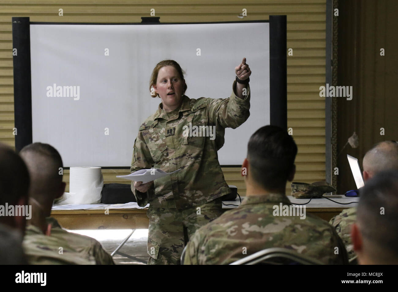CAMP ARIFJAN, Kuwait – Capt. Megan Welch, victim advocate for the 28th Infantry Division responds to questions during the Headquarters and Headquarters Battalion’s initial SHARP training, March 19. The unit plans a series of SHARP trainings throughout its deployment. ( Stock Photo
