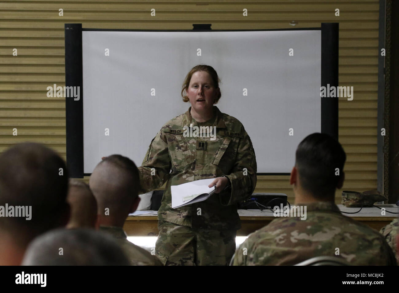 CAMP ARIFJAN, Kuwait – Capt. Megan Welch, victim advocate for the 28th Infantry Division provides interactive training March 19 to more than 100 soldiers during the Headquarters and Headquarters Battalion’s first SHARP training while deployed to Kuwait. The unit plans a series of SHARP trainings throughout its deployment. ( Stock Photo