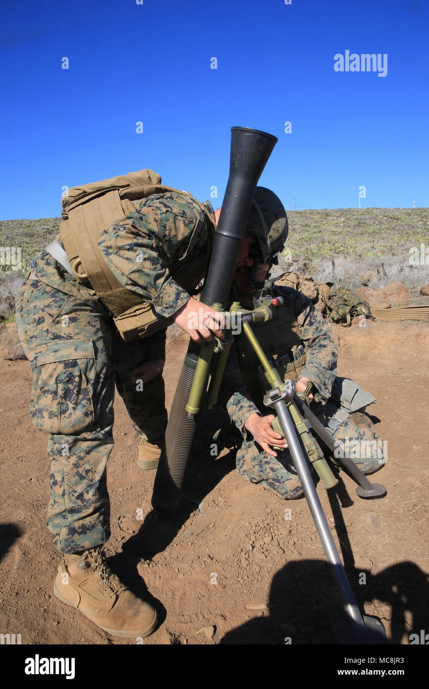 Pfc. Shawn Whitton and Pfc. Nikkolas Erickson, mortarmen with Battalion Landing Team 3/1, 13th Marine Expeditionary Unit (MEU), level the M252 mortar tube to prepare for the next course of fire at San Clemente Island, California, March 27, 2018. The Essex Amphibious Ready Group and 13th MEU fully integrated for the first time before their summer deployment. Amphibious Squadron, MEU integration training is a crucial pre-deployment exercise that allows the Navy-Marine Corps team to rapidly plan and execute complex operations from naval shipping. Stock Photo