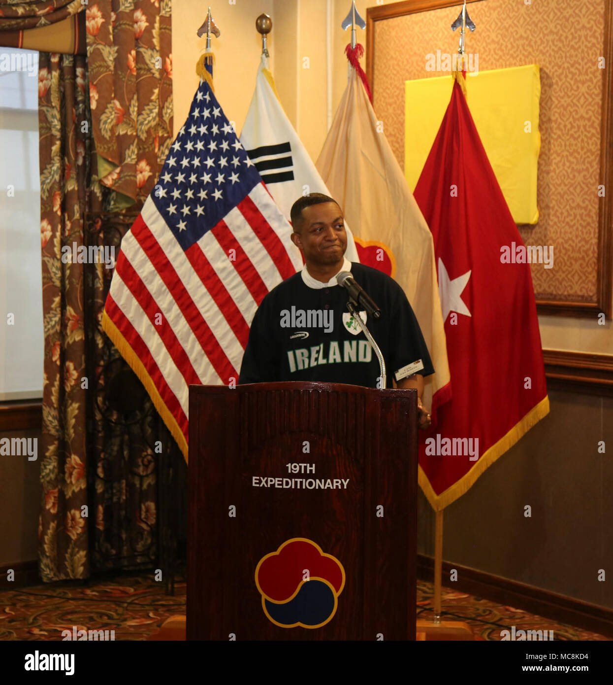 Col. Eric L. Jackson, MSC-K Commander and the U.S. KAFC President, gives his opening remarks at the opening of the 29th KAFC which was held at the Evergreen Community Center, Camp Walker, Daegu, March 30. Stock Photo