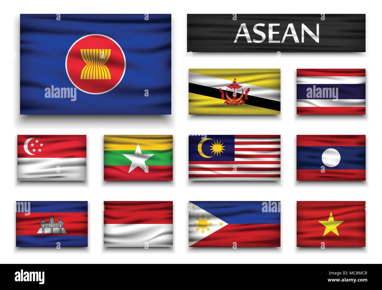 Flag of ASEAN ( Association of Southeast Asian Nations ) and membership . Wavy design . Isolated background . Stock Vector
