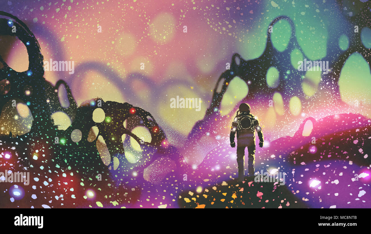 astronaut walking on the ground with glowing particles in alien planet, digital art style, illustration painting Stock Photo