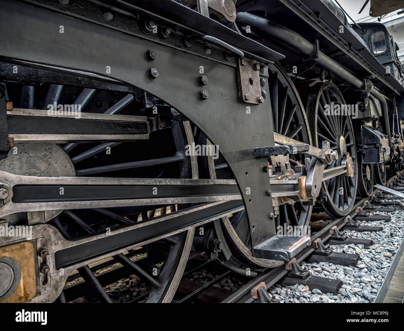 PRAGUE, CZECH REPUBLIC - MARCH 8 2017: Steam locomotive in the National Technical Museum of Prague, housing historical transportation exhibits Stock Photo