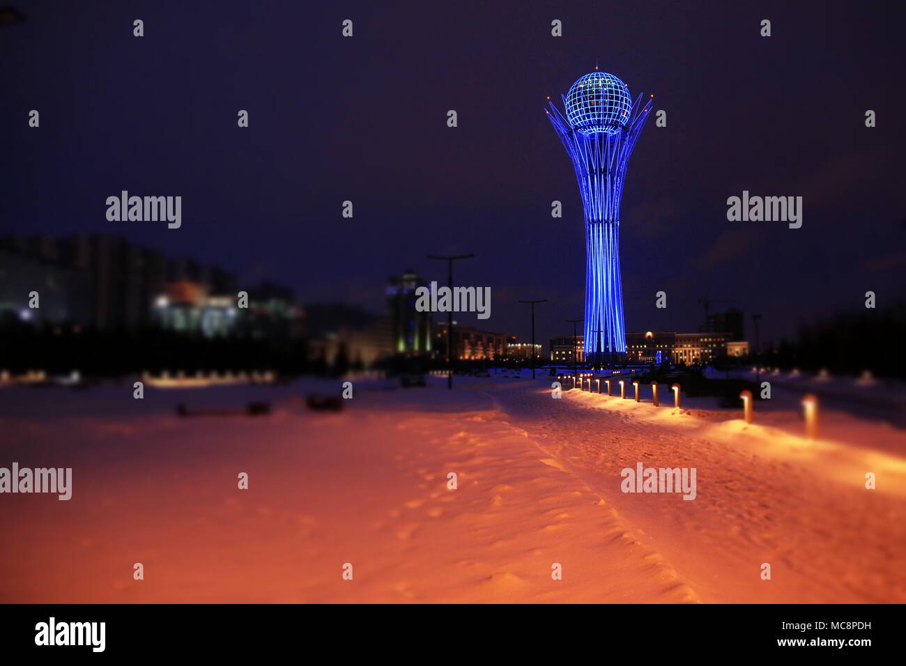 Night view of the Bayterek Tower in Astana, Kazakhstan, at -29 degrees Celsius Stock Photo
