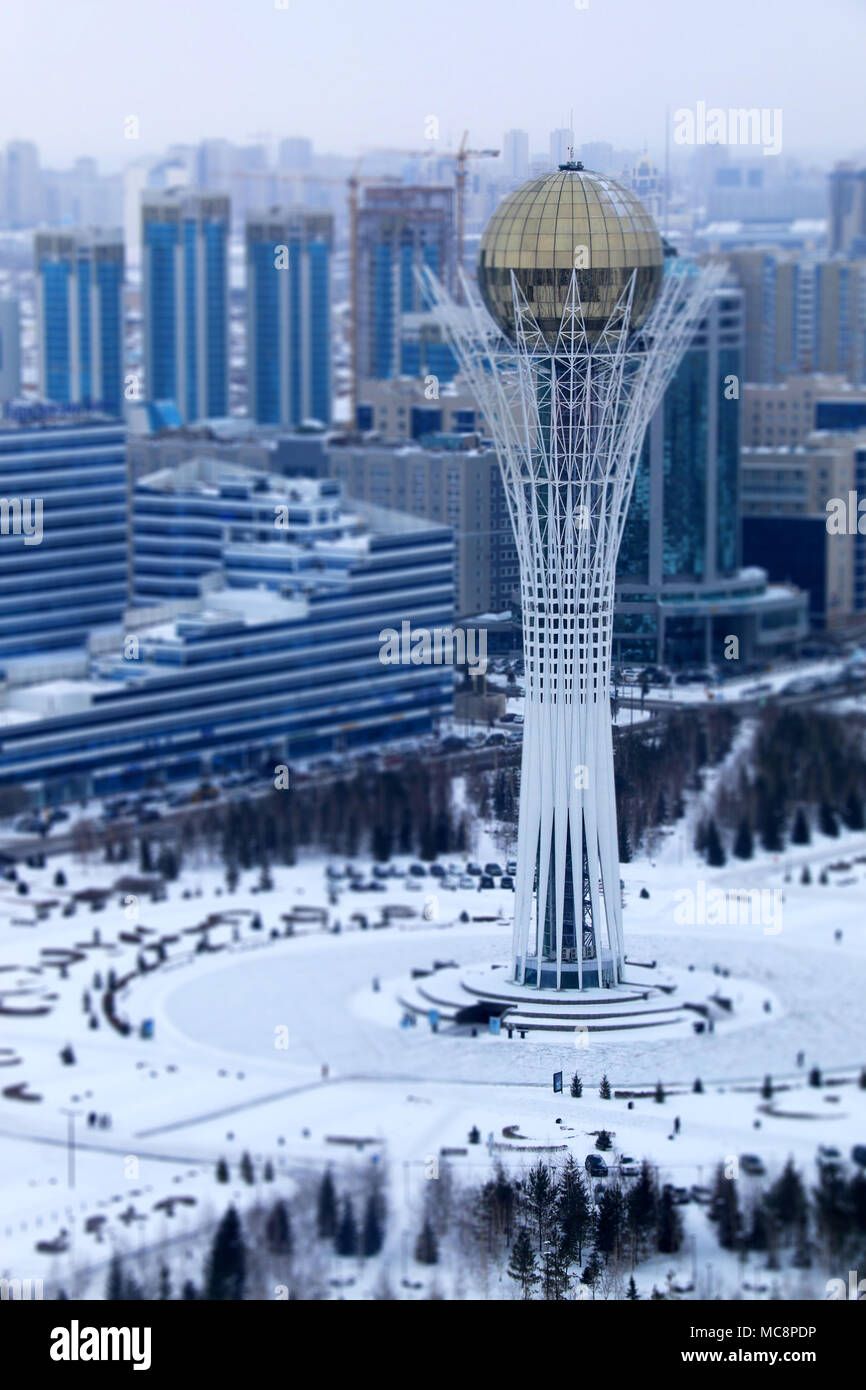 The Capital's skyline and the Bayterek Tower at -24 degrees Celsius in Astana, Kazakhstan Stock Photo