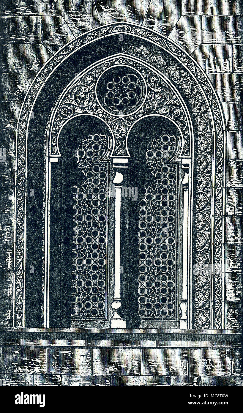 This illustration dates to around 1900. It shows a window in the complex of the Sultan al-Mansur Qalawun (also spelled Kilawun). It is located on al-Muizz li-Din Allah Street, in an area that used to be part of the Western Fatimid Palace in Cairo, Egypt. It dates to A.D. 1285 and the Mamluk period in Egypt. The master architect was Amir Alam al-Din al-Shuja'i. The complex includes a mausoleum, a madrasa, and a hospital. It is made of stone and comprises vertical arched recesses borne by marble pillars within which are windows (one shown here) decorated with interlaced geometric shapes. Stock Photo