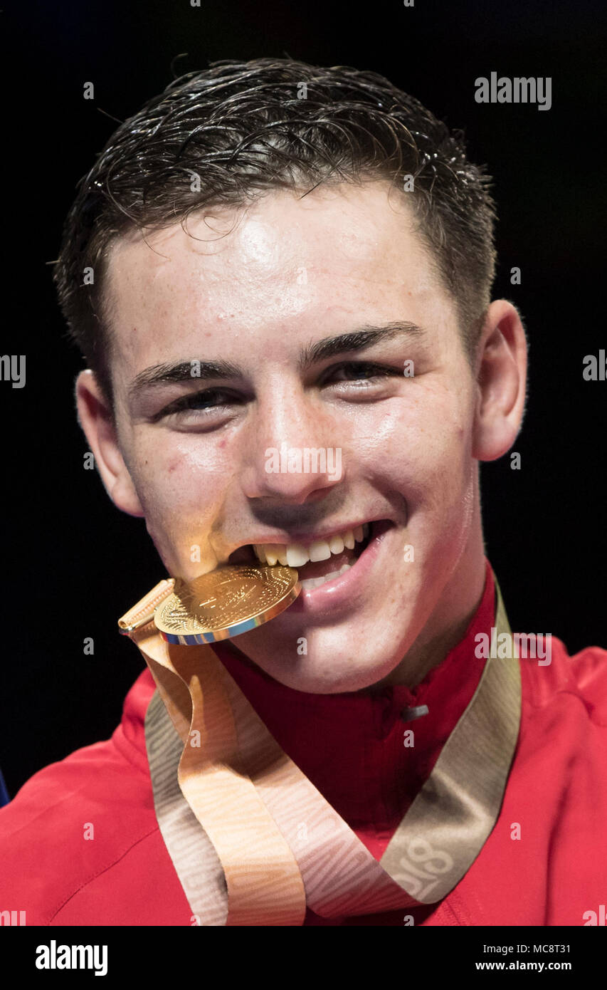 Wales' Sammy Lee with his gold medal following the Men's Light Heavy (81kg) final at Oxenford Studios during day ten of the 2018 Commonwealth Games in the Gold Co ast, Australia. Stock Photo