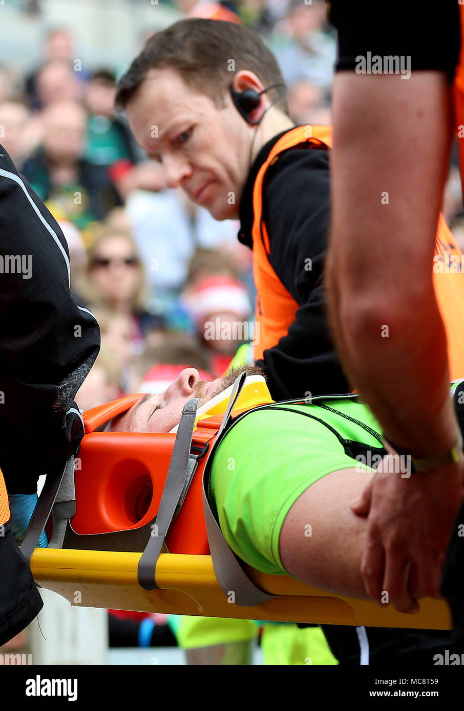 Northampton Saints captain Rob Horne is stretchered off during the Aviva Premiership match at Welford Road, Leicester. Stock Photo