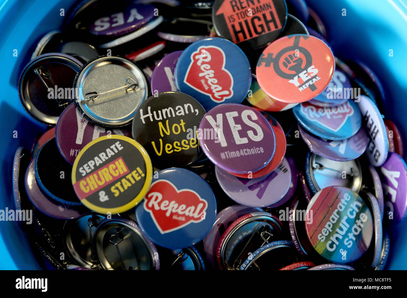 Buckets of badges at a rally for Equality, Freedom & Choice organised by ROSA - Socialist Feminist Movement at Liberty Hall in Dublin. Stock Photo