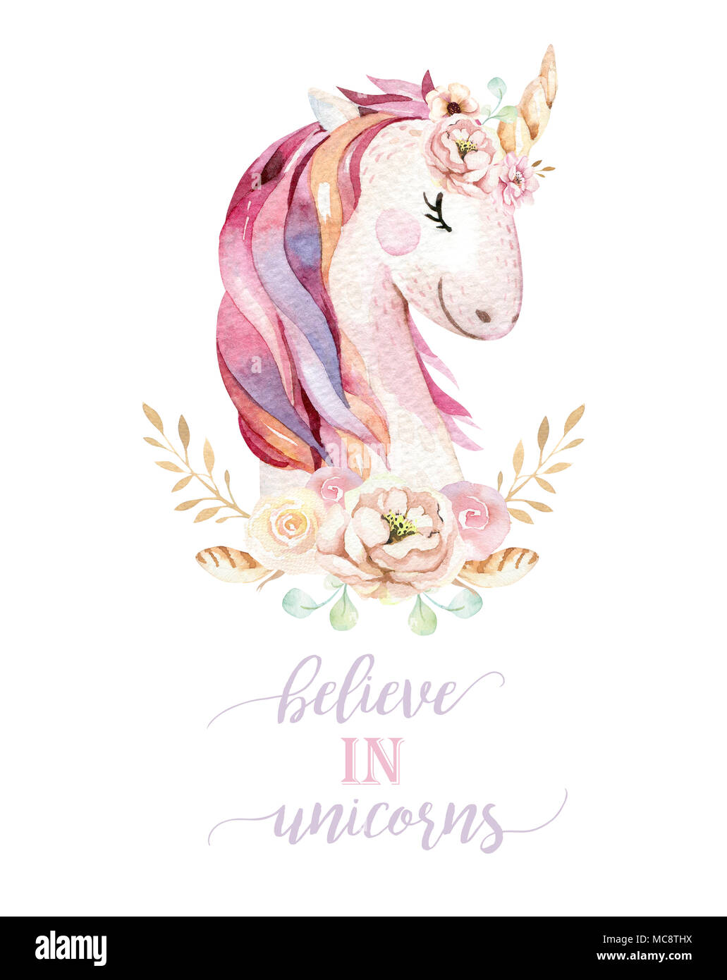 Isolated cute watercolor unicorn clipart with flowers. Nursery unicorns ...