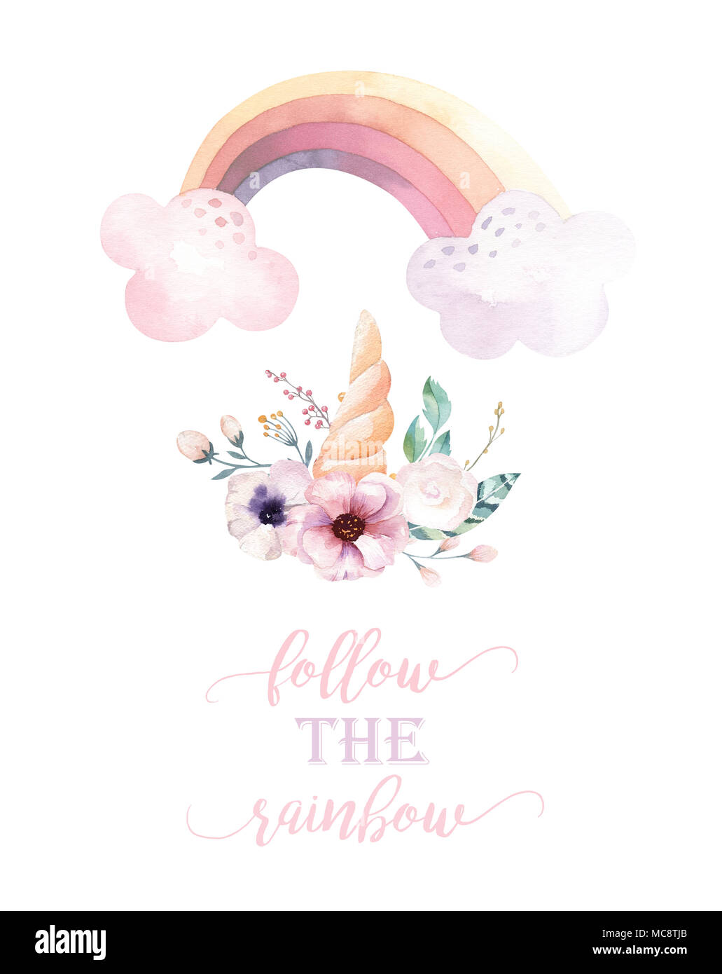 Isolated cute watercolor unicorn clipart with flowers. Nursery unicorns ...