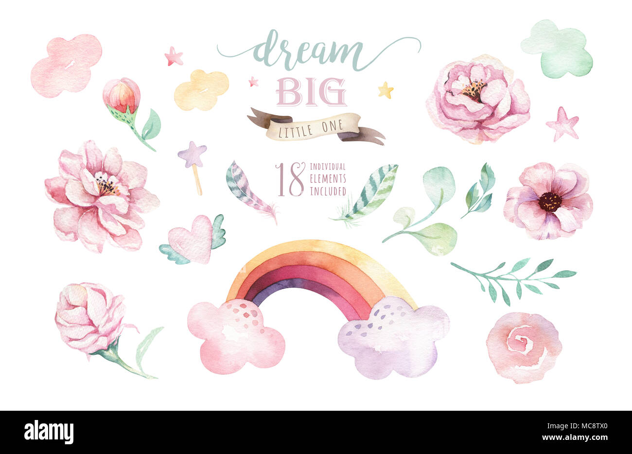 Isolated cute watercolor unicorn clipart with flowers. Nursery unicorns ...