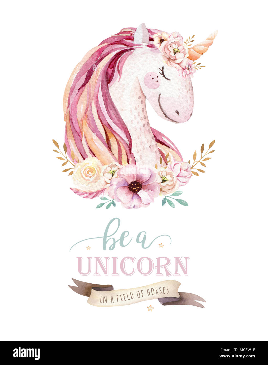 Isolated cute watercolor unicorn clipart with flowers. Nursery unicorns ...