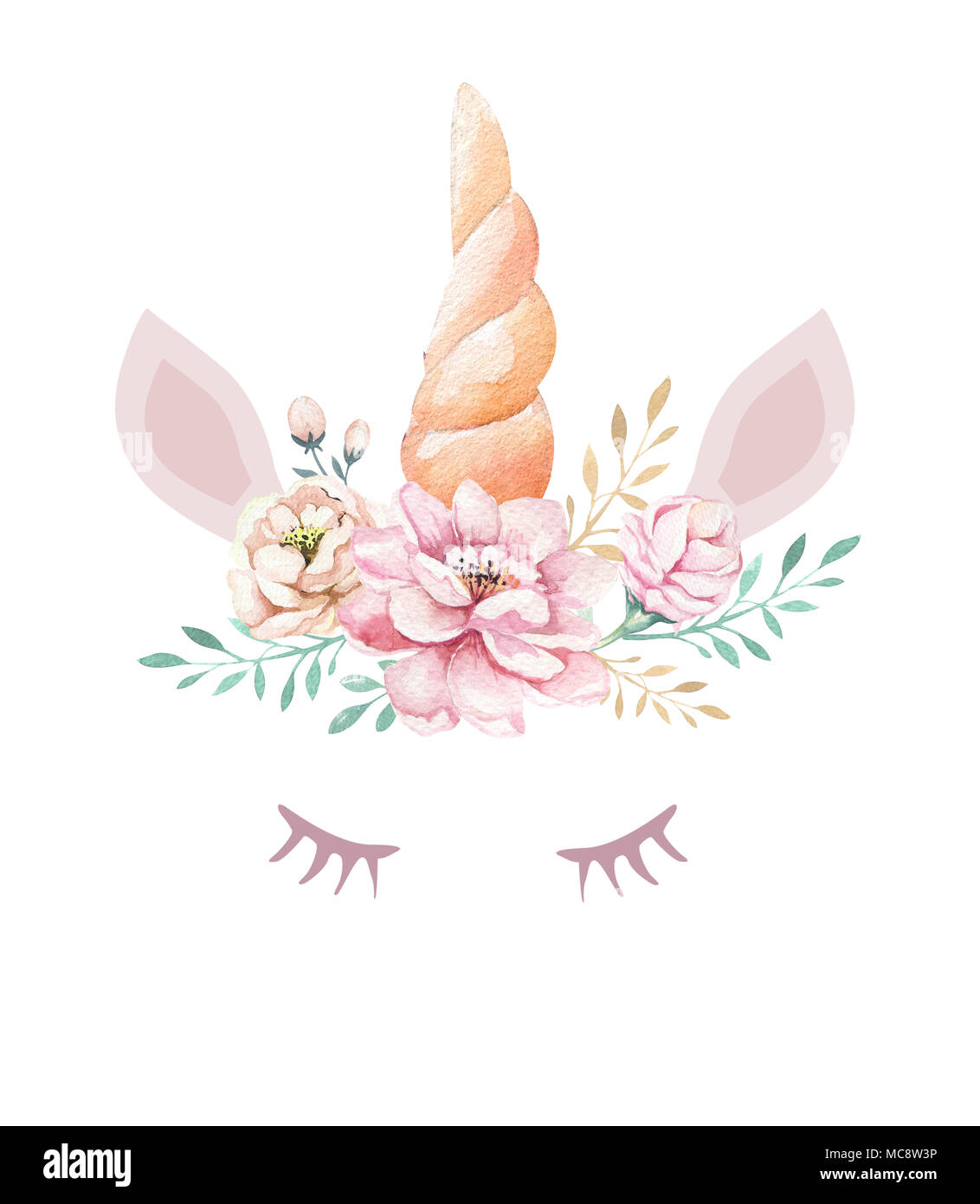 Isolated cute watercolor unicorn clipart with flowers. Nursery unicorns ...
