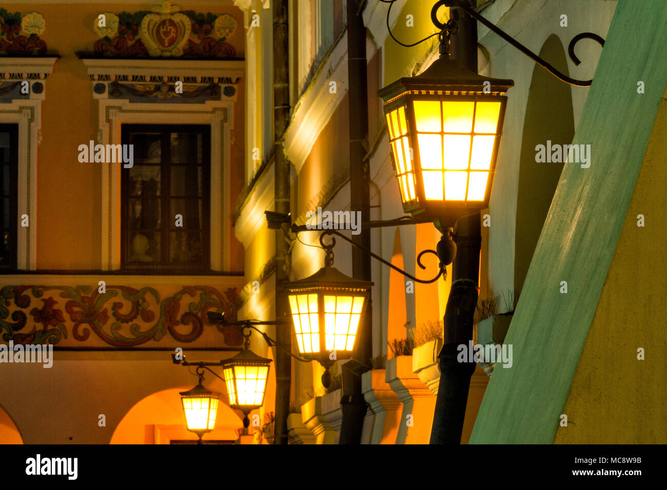 Zamosc Renaissance city in Central Europe. Lamps post in old town at