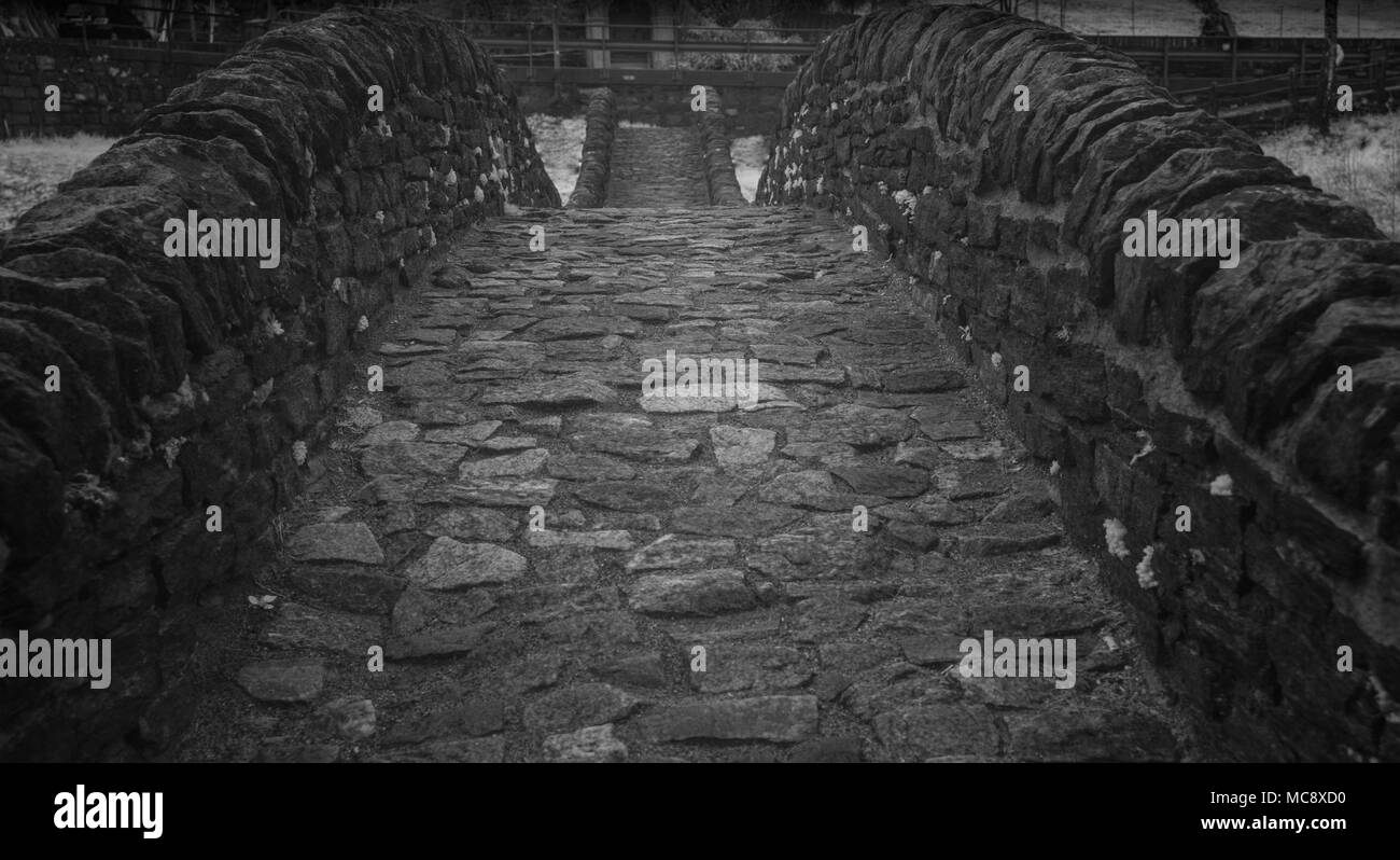 black and white close up view of historic stone bridge from Roman times ...