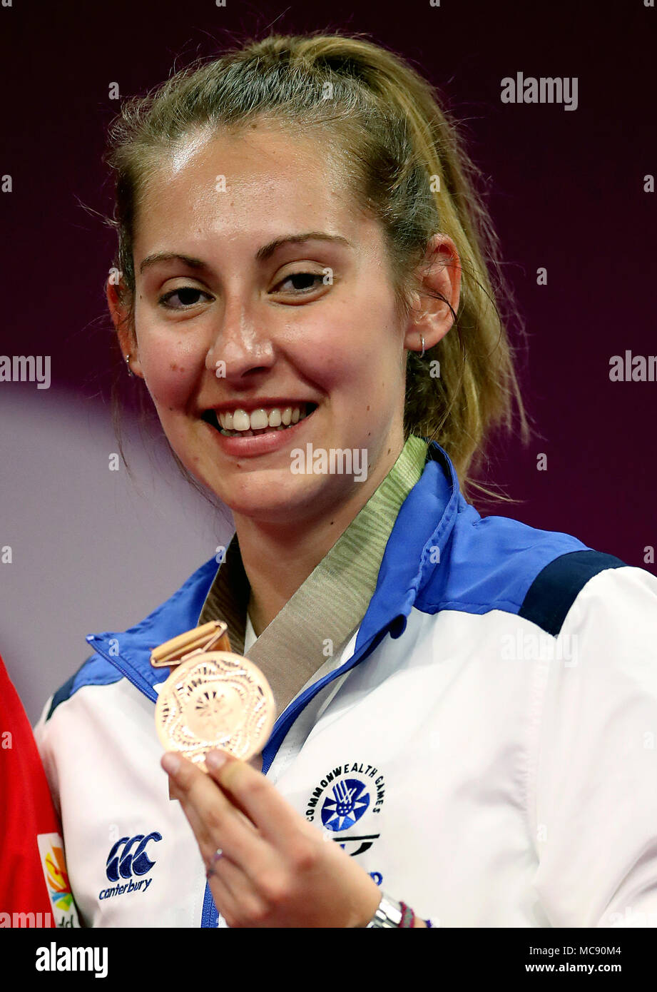 Scotland's Kirsty Gilmour celebrates with the bronze medal in the Women's Badminton Singles at the Carrara Sports Arena during day eleven of the 2018 Commonwealth Games in the Gold Coast, Australia. Stock Photo
