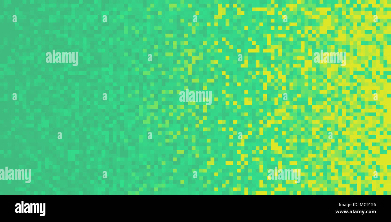 Turquoise Yellow Pixilated Gradient Background. Mosaic Pixel Art Texture. Horizontal Pixel Gradient Backdrop. Stock Photo
