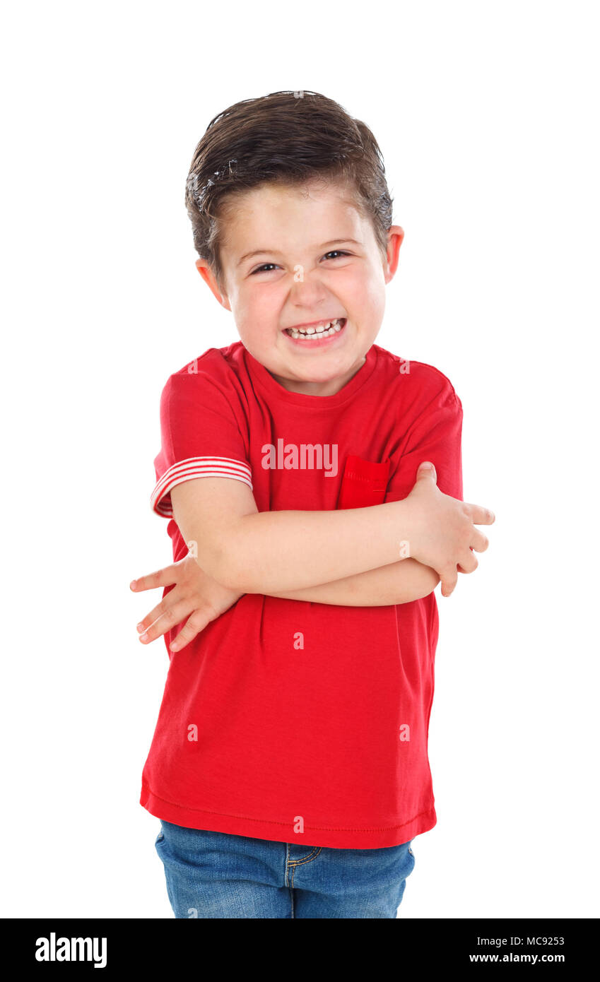 Funny Small Child With Dark Hair And Black Eyes Crossing His Arms