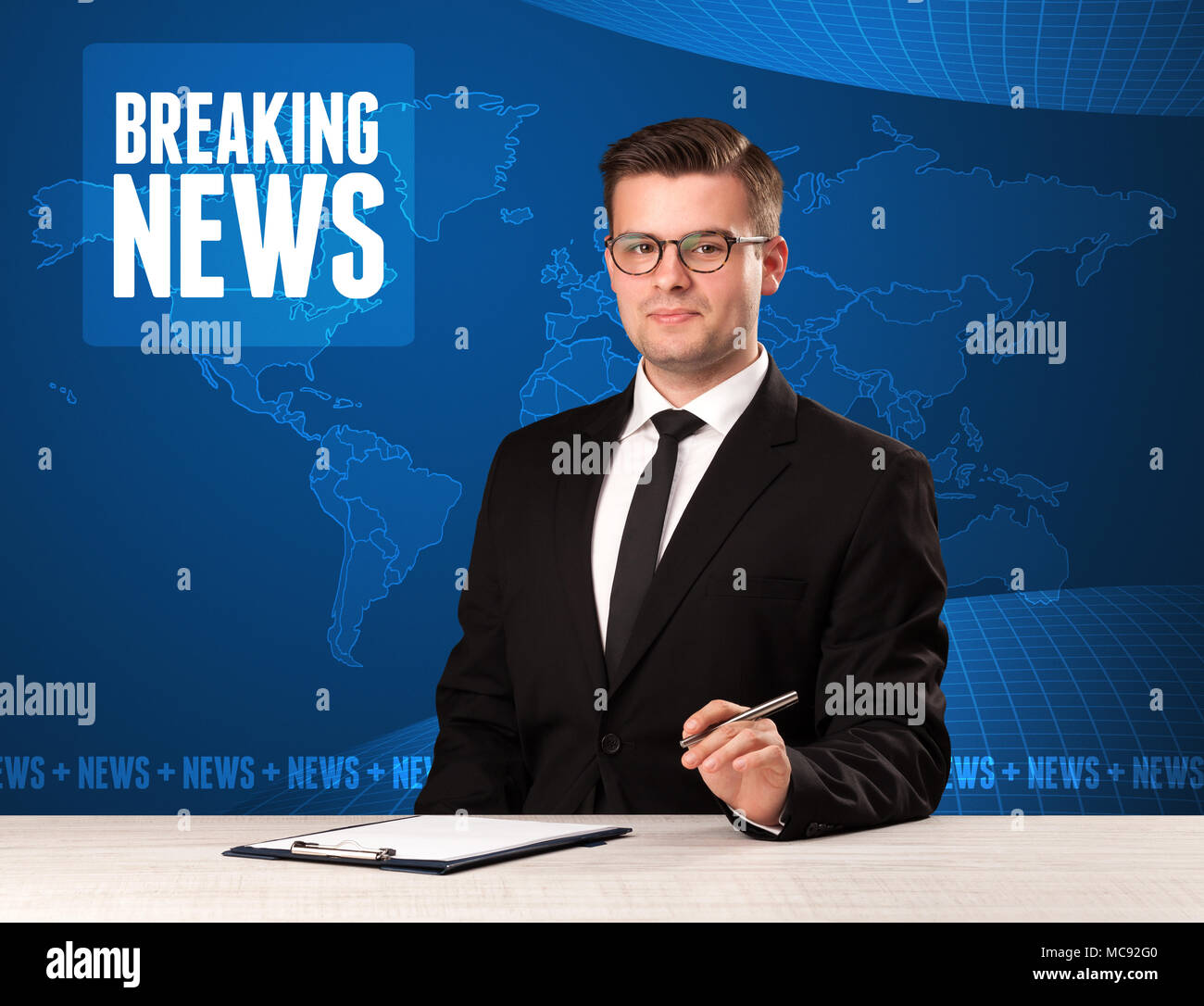 Television presenter in front telling breaking news with blue modern  background concept Stock Photo - Alamy