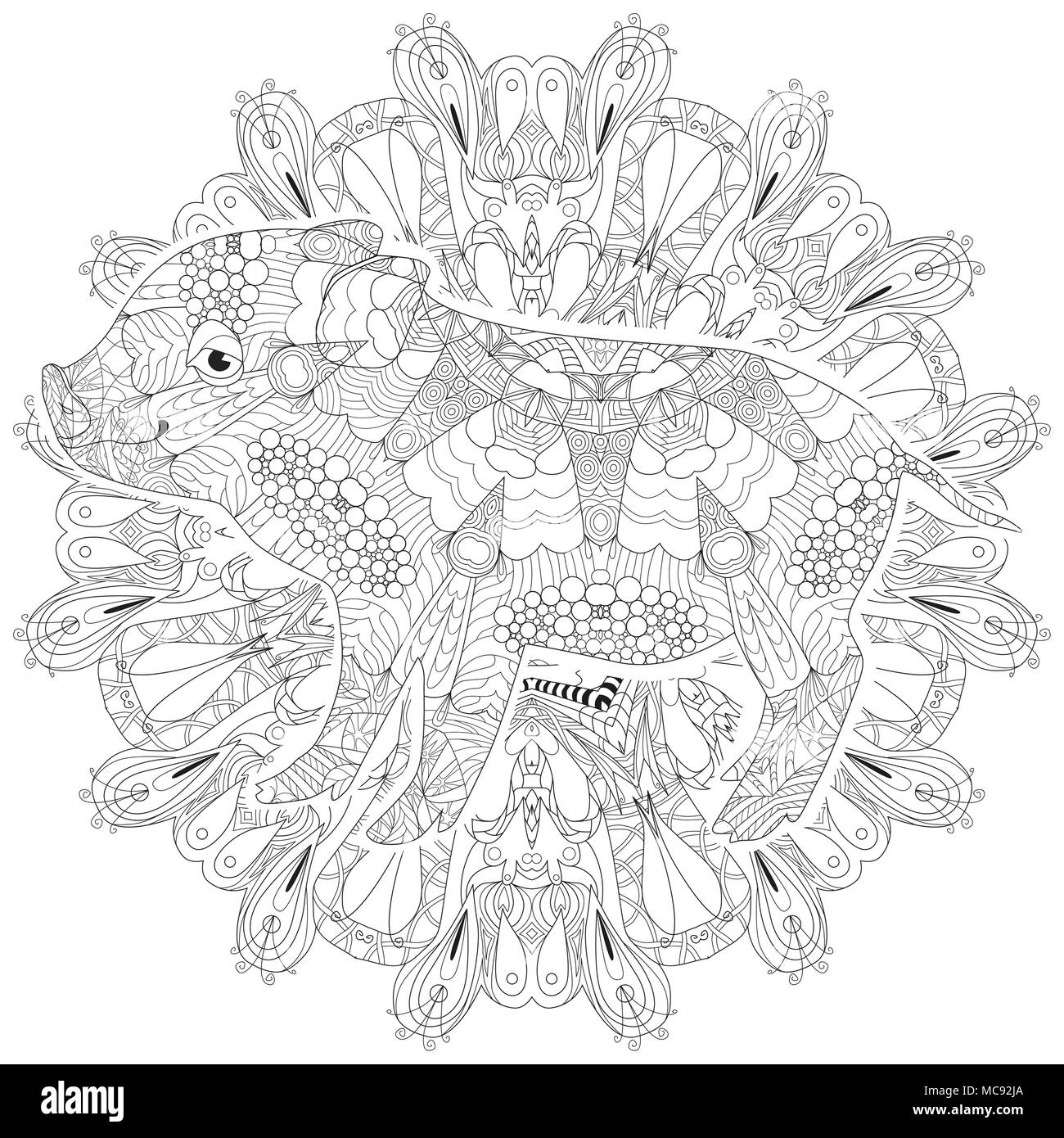 Piggy coloring book for adults vector with mandala Stock Vector