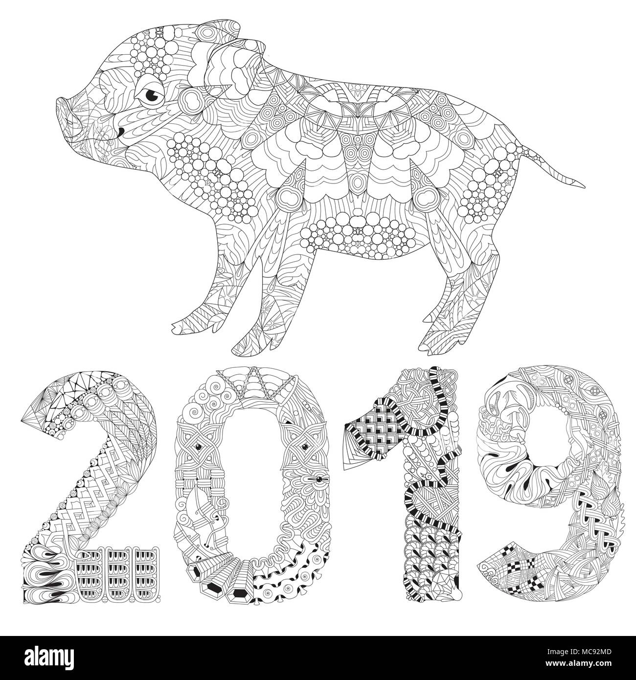 Piggy coloring book with number 2019 for adults vector Stock Vector